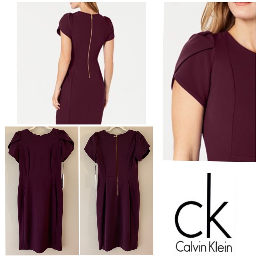 Calvin Klein Sheath Burgundy Tulip Sleeves Dress 8